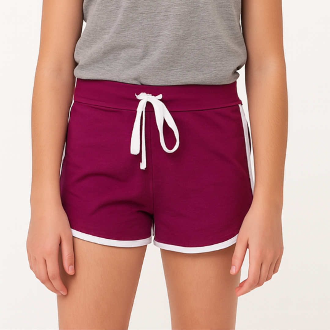 Girls maroon shorts with white stripe