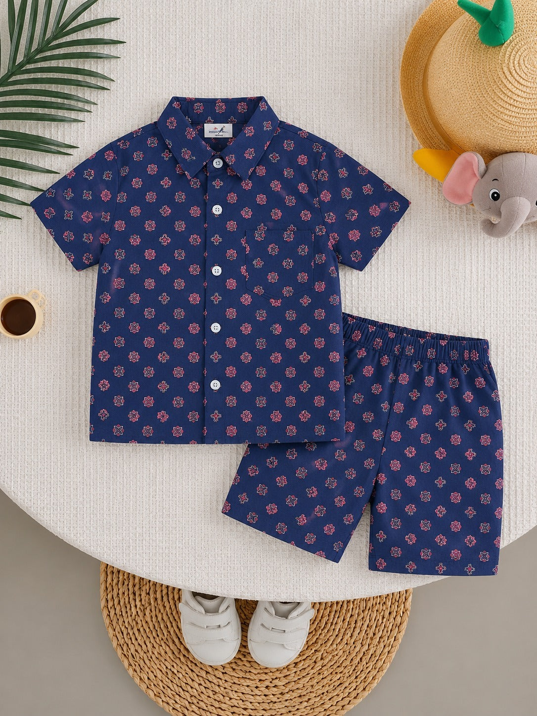 Boys Navy Blue Floral Print Tracksuit (Summer)