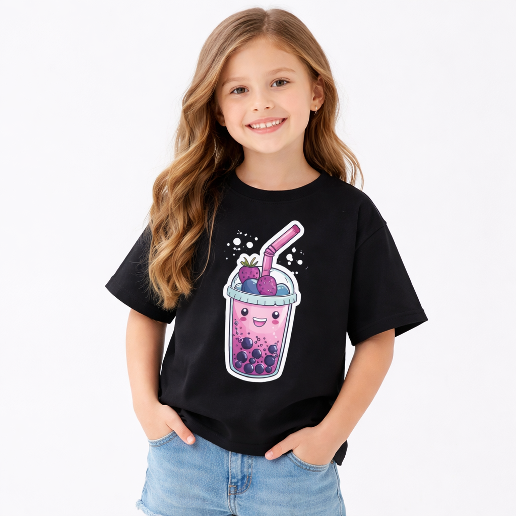 Girls Cute Smoothie Graphic Black Down Shoulder T-shirt