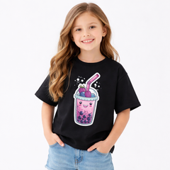 Girls Cute Smoothie Graphic Black Down Shoulder T-shirt