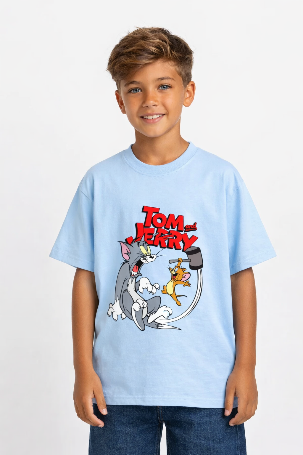 Boys Cat & Mouse Cartoon Sky Blue Down Shoulder T-shirt