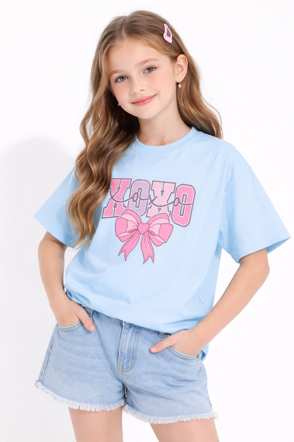 Girls XOXO Bow Print Blue Down Shoulder T-shirt