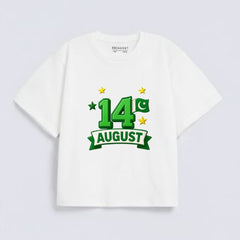 White 14 August Graphic Print Downshoulder T-Shirt (Azadi)