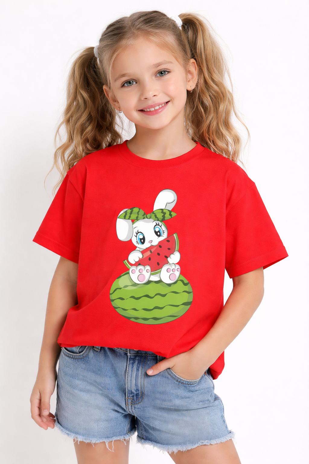 Girls Cute Bunny Watermelon Print Red Down Shoulder T-shirt