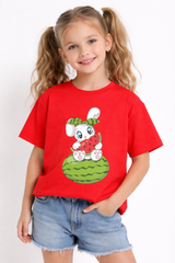 Girls Cute Bunny Watermelon Print Red Down Shoulder T-shirt