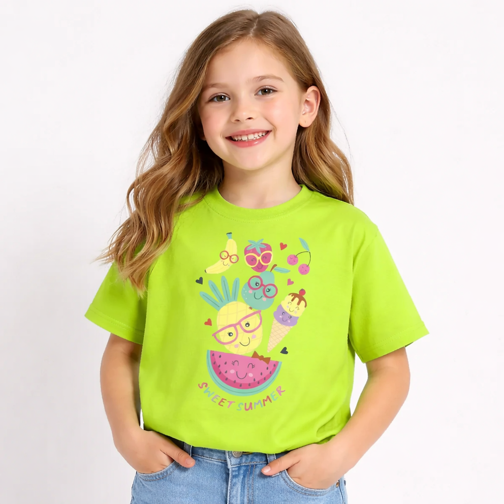 Girls Sweet Summer Fruits Print Green Down Shoulder T-shirt