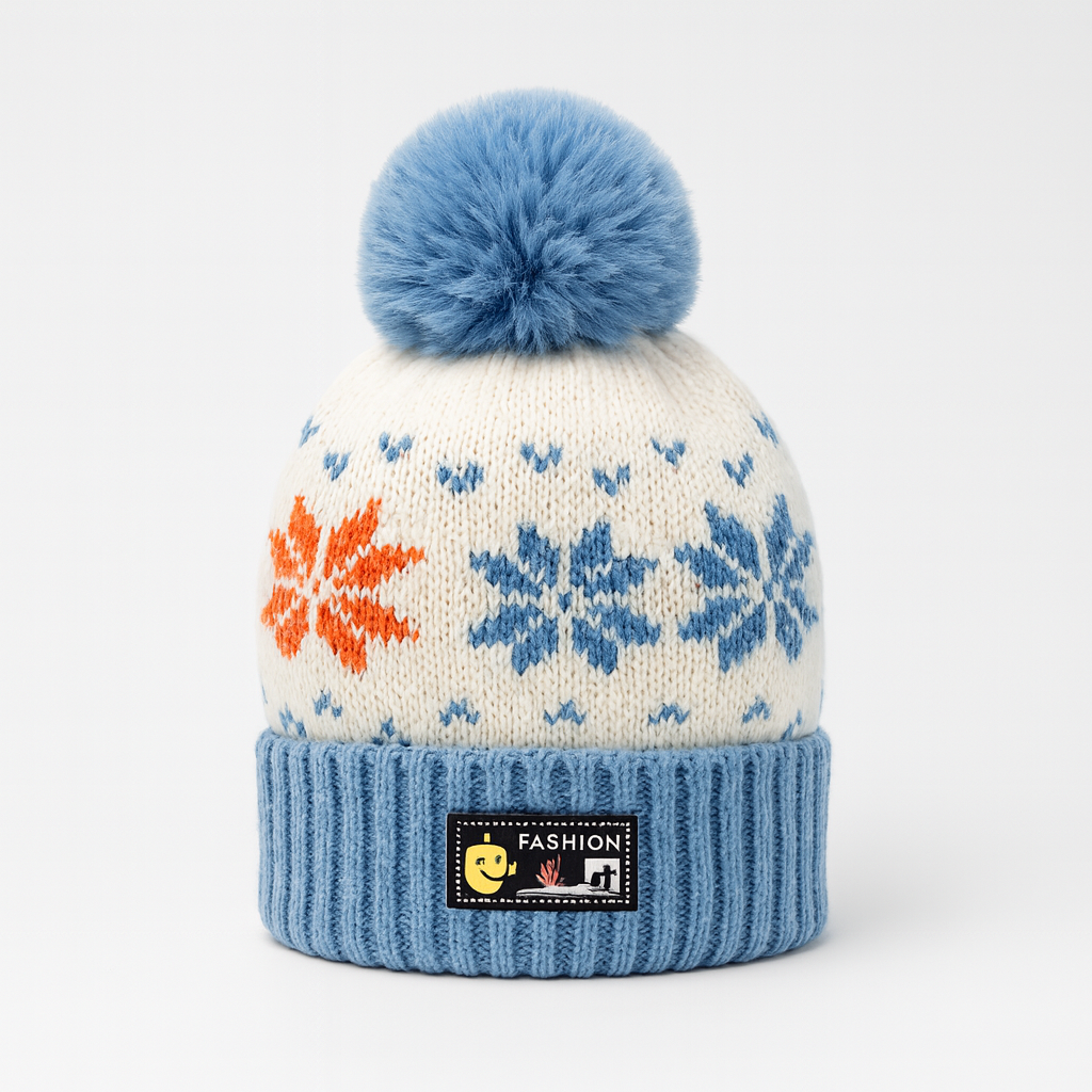 White blue pompon cap