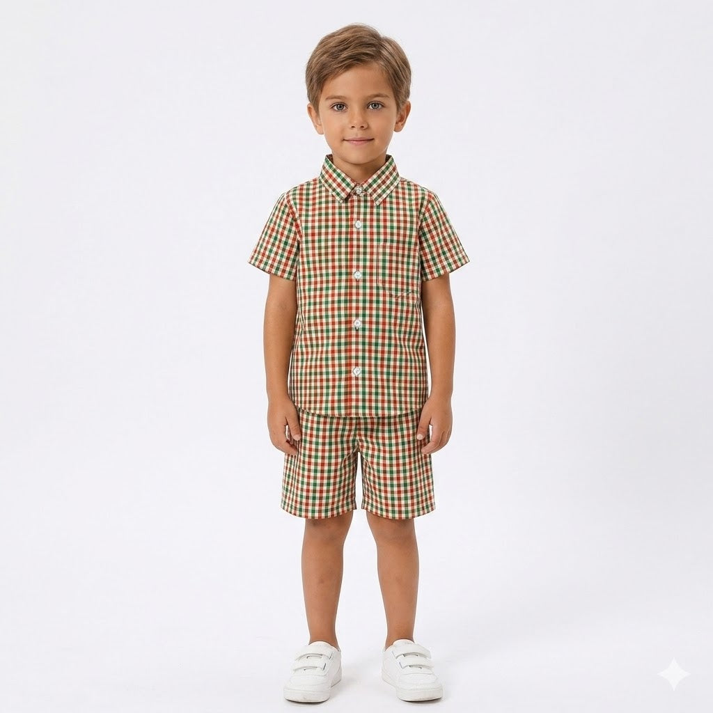 Boys Green Orange Checkered Casual Tracksuit (Summer)