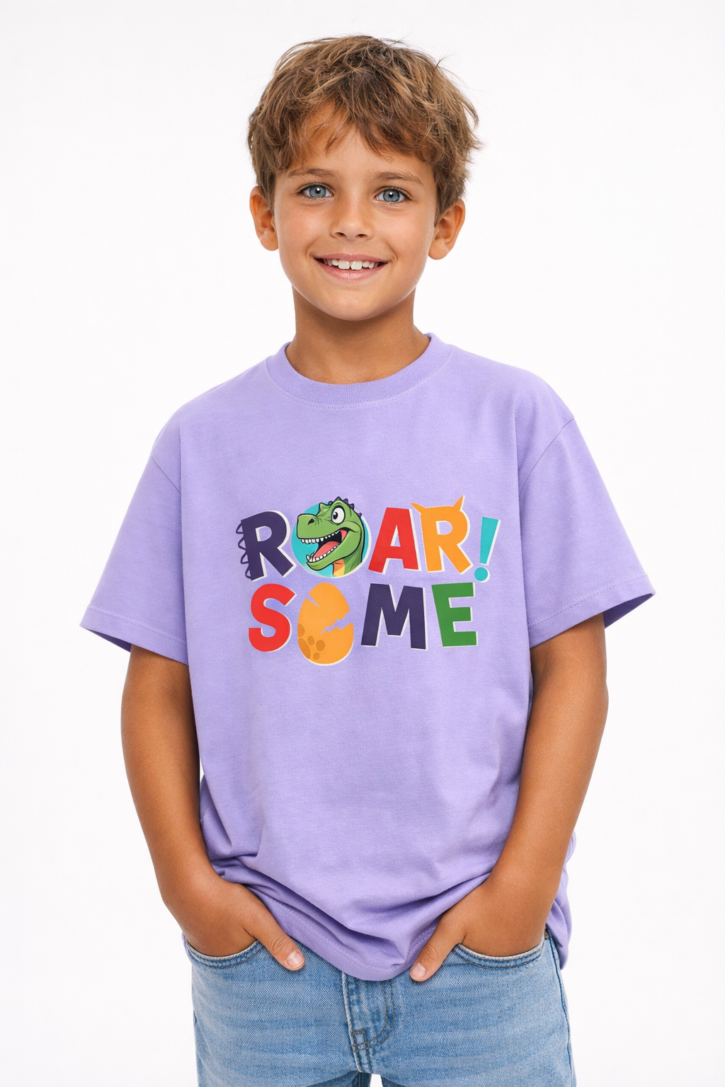Boys Dinosaur Roarsome Print Purple Down Shoulder T-shirt
