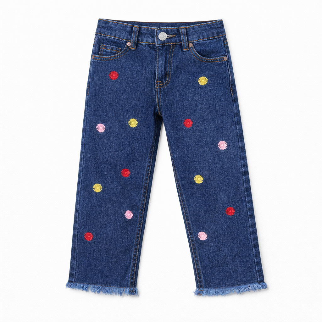 Girls Navy Blue Floral embroided Denim Pant