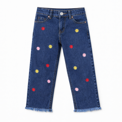 Girls Navy Blue Floral embroided Denim Pant