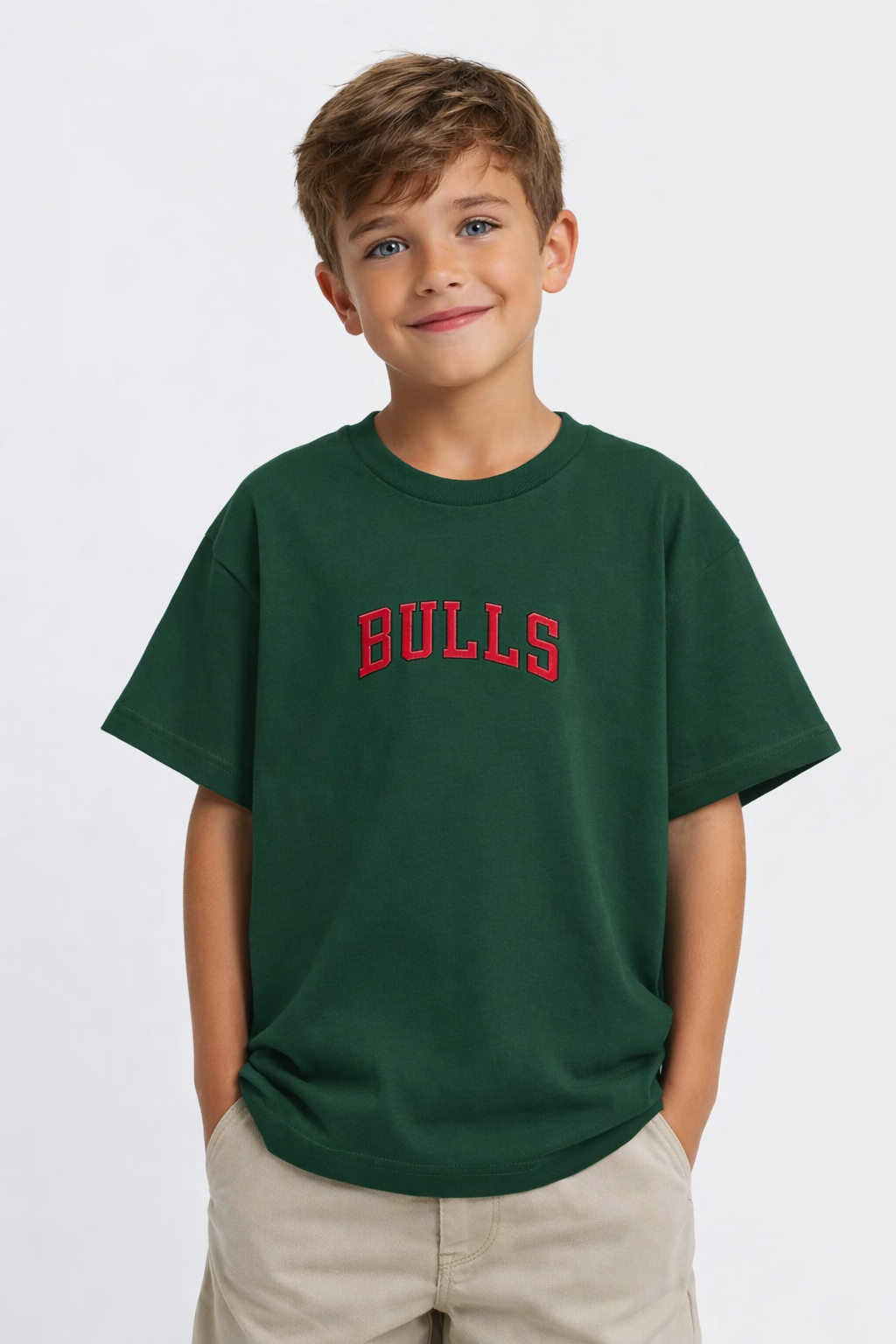 Boys Bulls Logo Green Down Shoulder T-shirt
