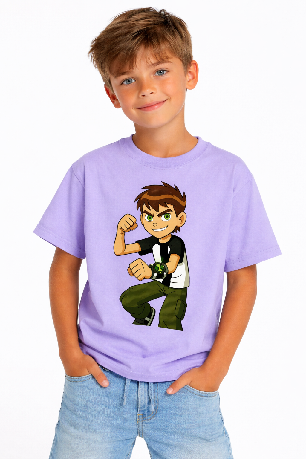 Boys Cartoon Action Hero Print Purple Down Shoulder T-shirt