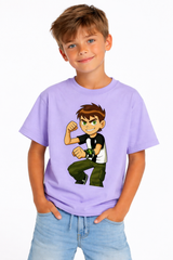 Boys Cartoon Action Hero Print Purple Down Shoulder T-shirt