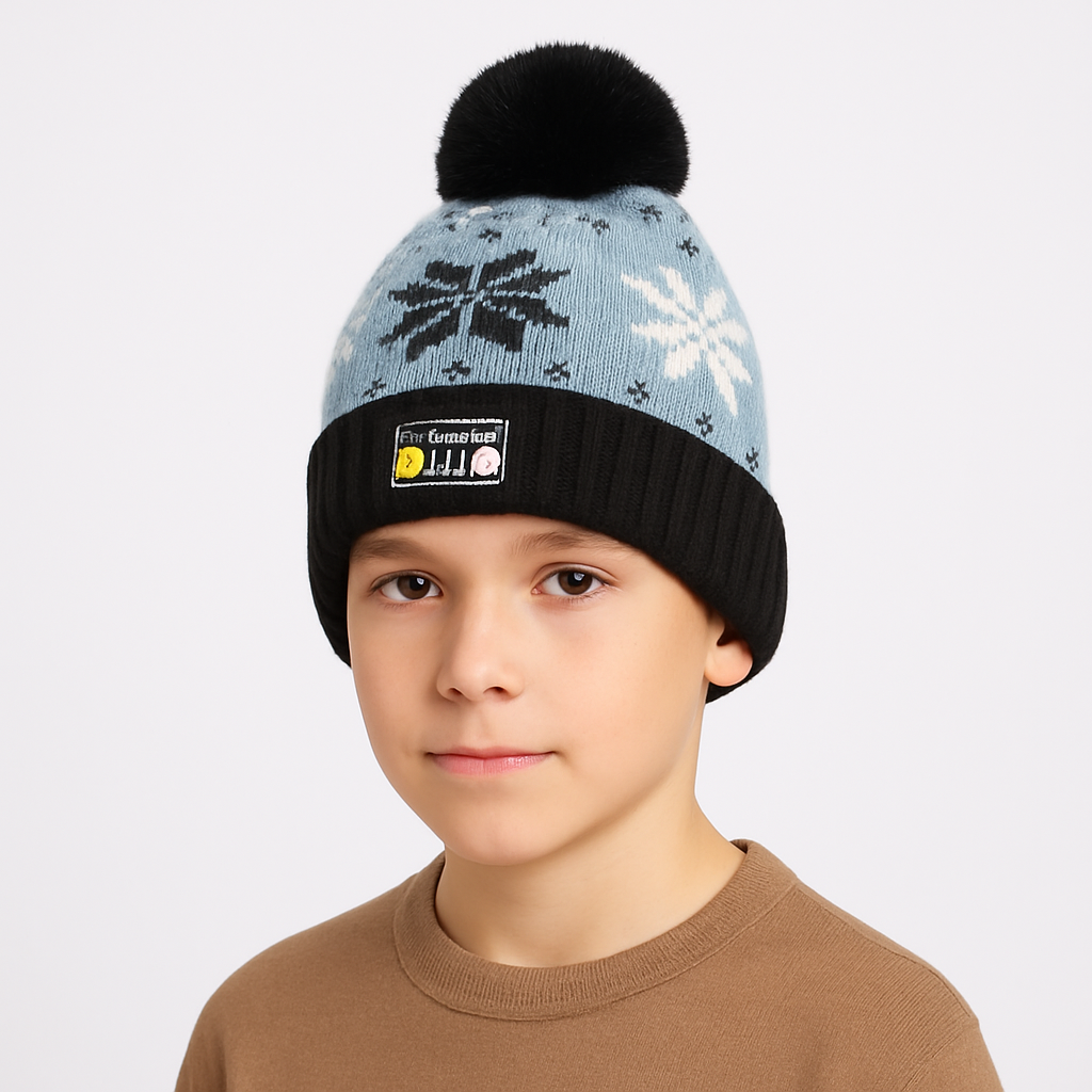 Blue black pompon cap