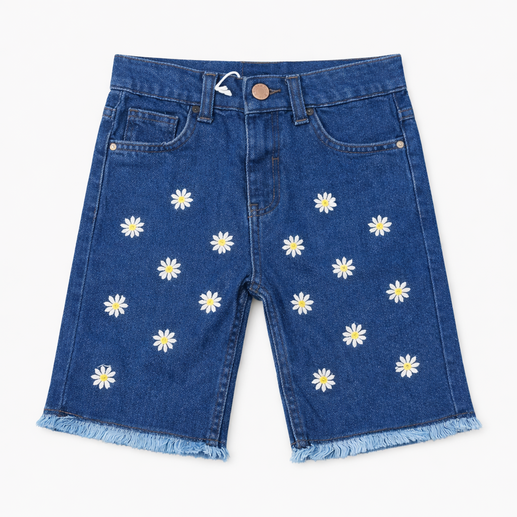 Girls Flower Embroidered Dark Blue Denim Shorts
