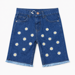 Girls Flower Embroidered Dark Blue Denim Shorts