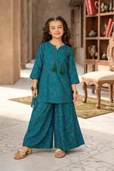 Girls Turquoise Floral Print shalwar kameez