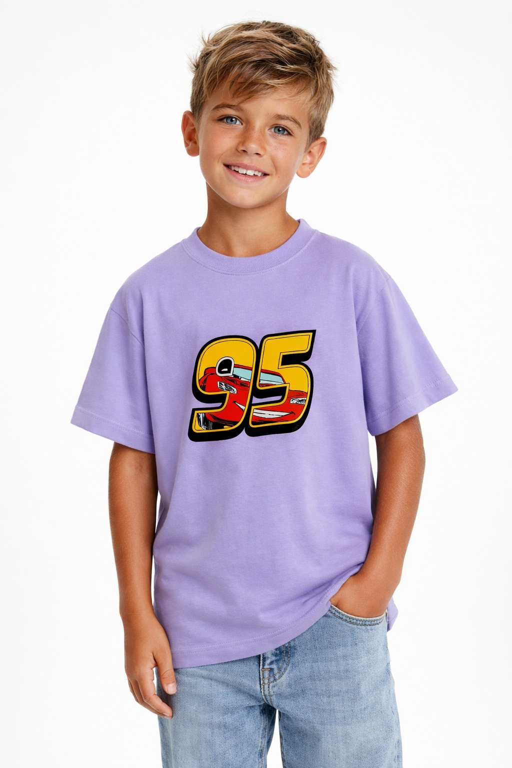 Boys Cartoon Racing Car 95 Print Purple Down Shoulder T-shirt