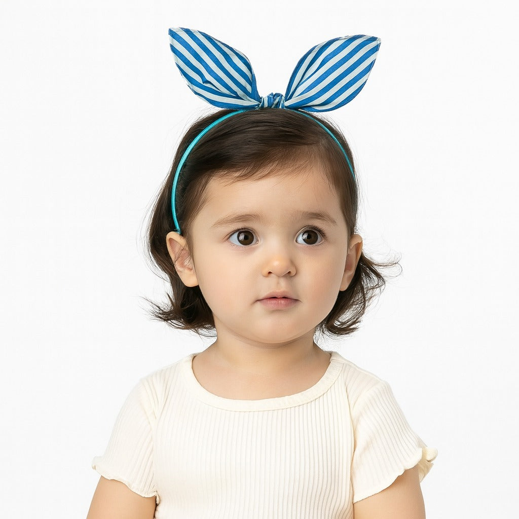 Girls sea blue and white lining bow hair band