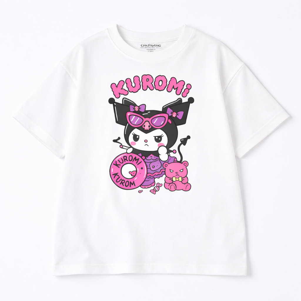 Girls Cartoon Kuromi Print White Down Shoulder T-shirt