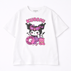 Girls Cartoon Kuromi Print White Down Shoulder T-shirt