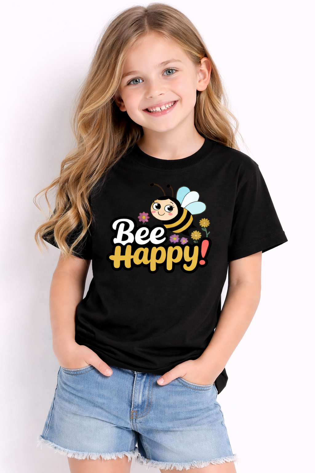 Girls Cute Bee Graphic Black Down Shoulder T-shirt