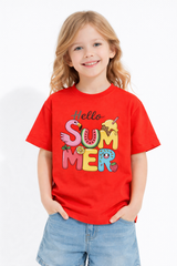 Girls Hello Summer Cartoon Red Down Shoulder T-shirt