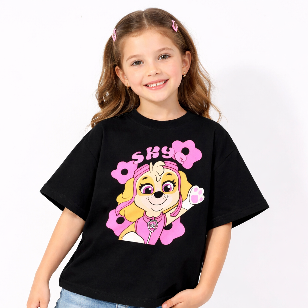 Girls Cartoon Puppy Black Down Shoulder T-shirt