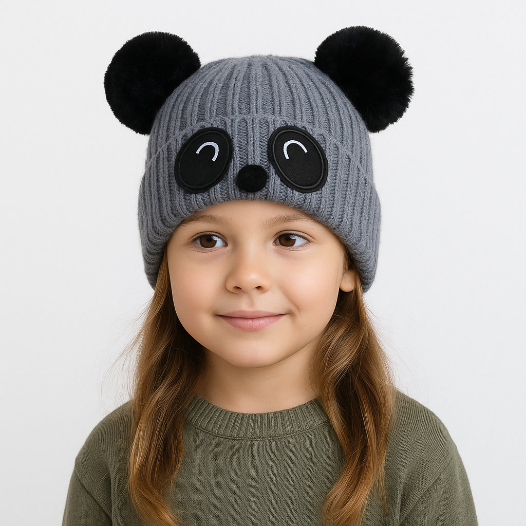 Gray panda pompon cap