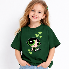 Girls Powerpuff Girl Buttercup Print Green Down Shoulder T-shirt