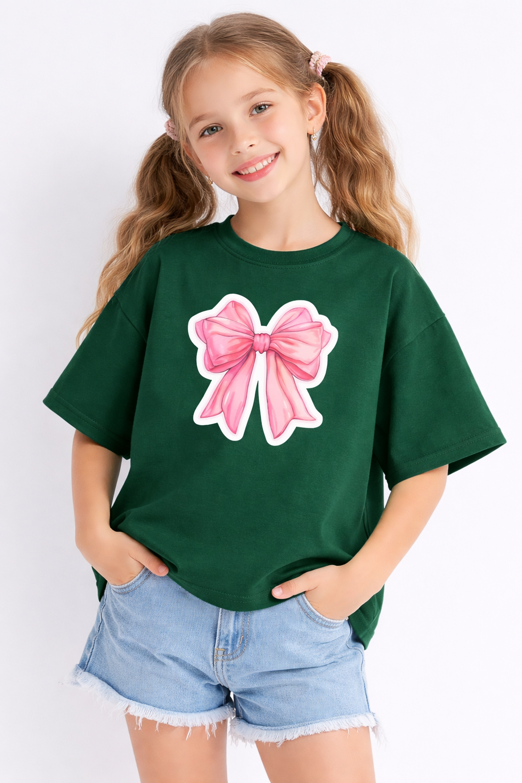Girls Pink Bow Green Down Shoulder T-shirt