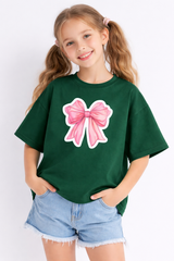 Girls Pink Bow Green Down Shoulder T-shirt