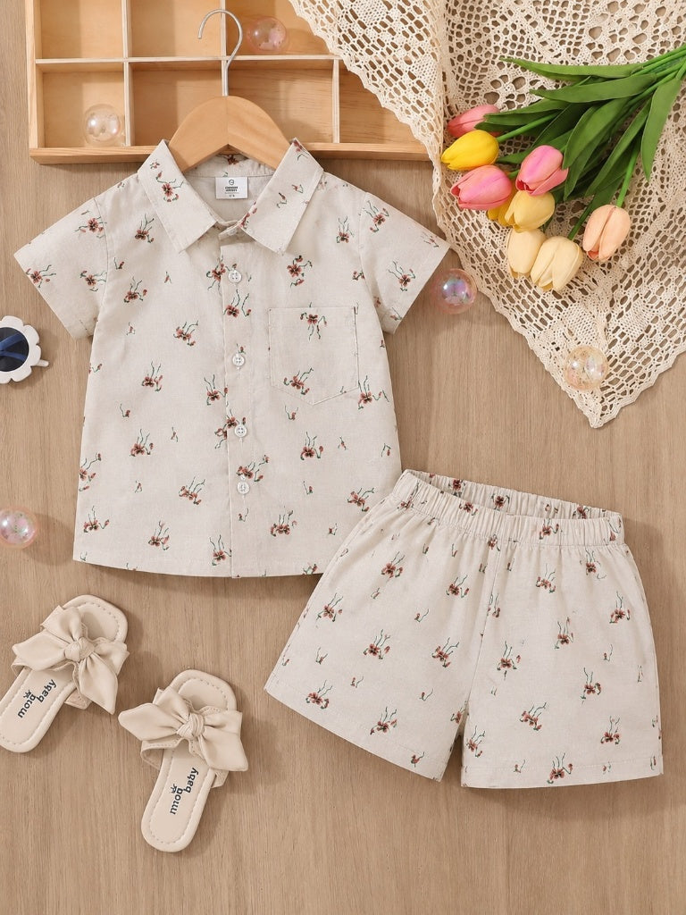 Girls Beige Floral Print Tracksuit (Summer)
