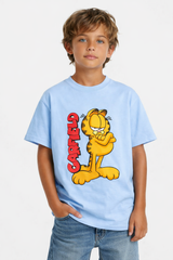 Boys Cartoon Cat Sky Blue Down Shoulder T-shirt