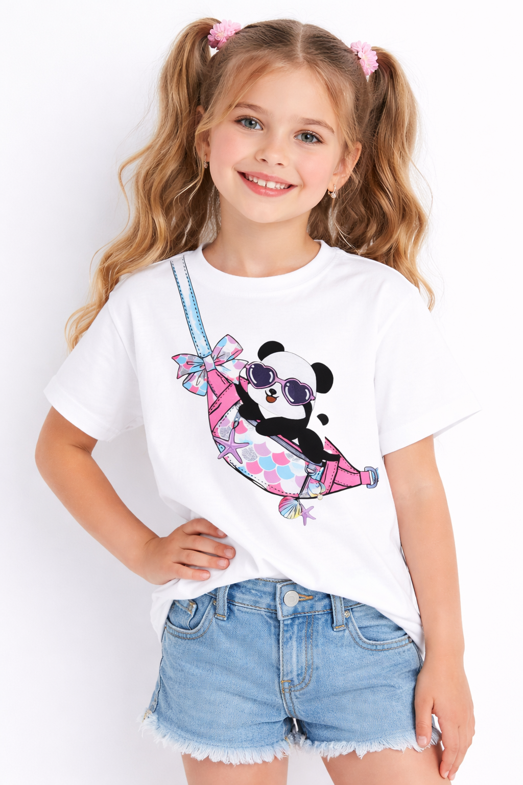 Girls Cute Panda Print White Down Shoulder T-shirt