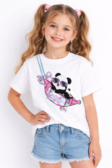 Girls Cute Panda Print White Down Shoulder T-shirt