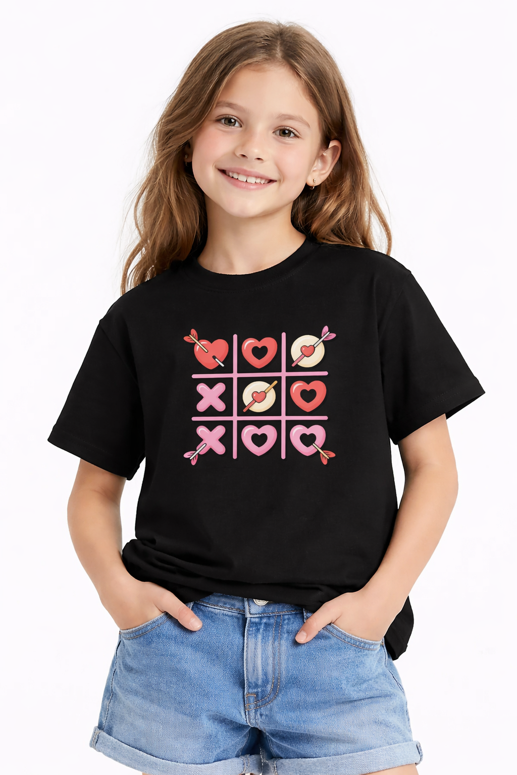 Girls Heart Tic Tac Toe Black Down Shoulder T-shirt