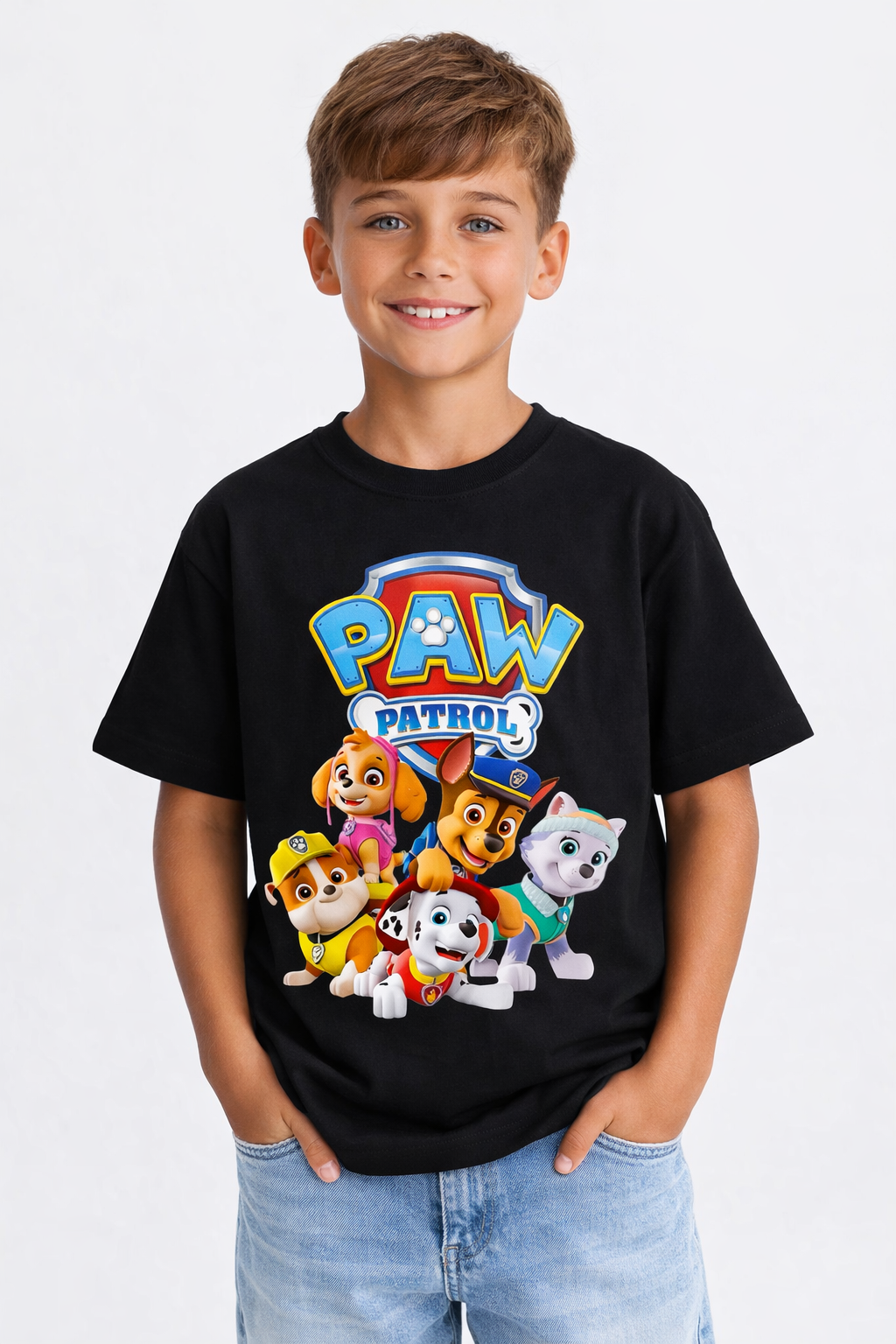 Boys Cartoon Puppy Patrol Black Down Shoulder T-shirt