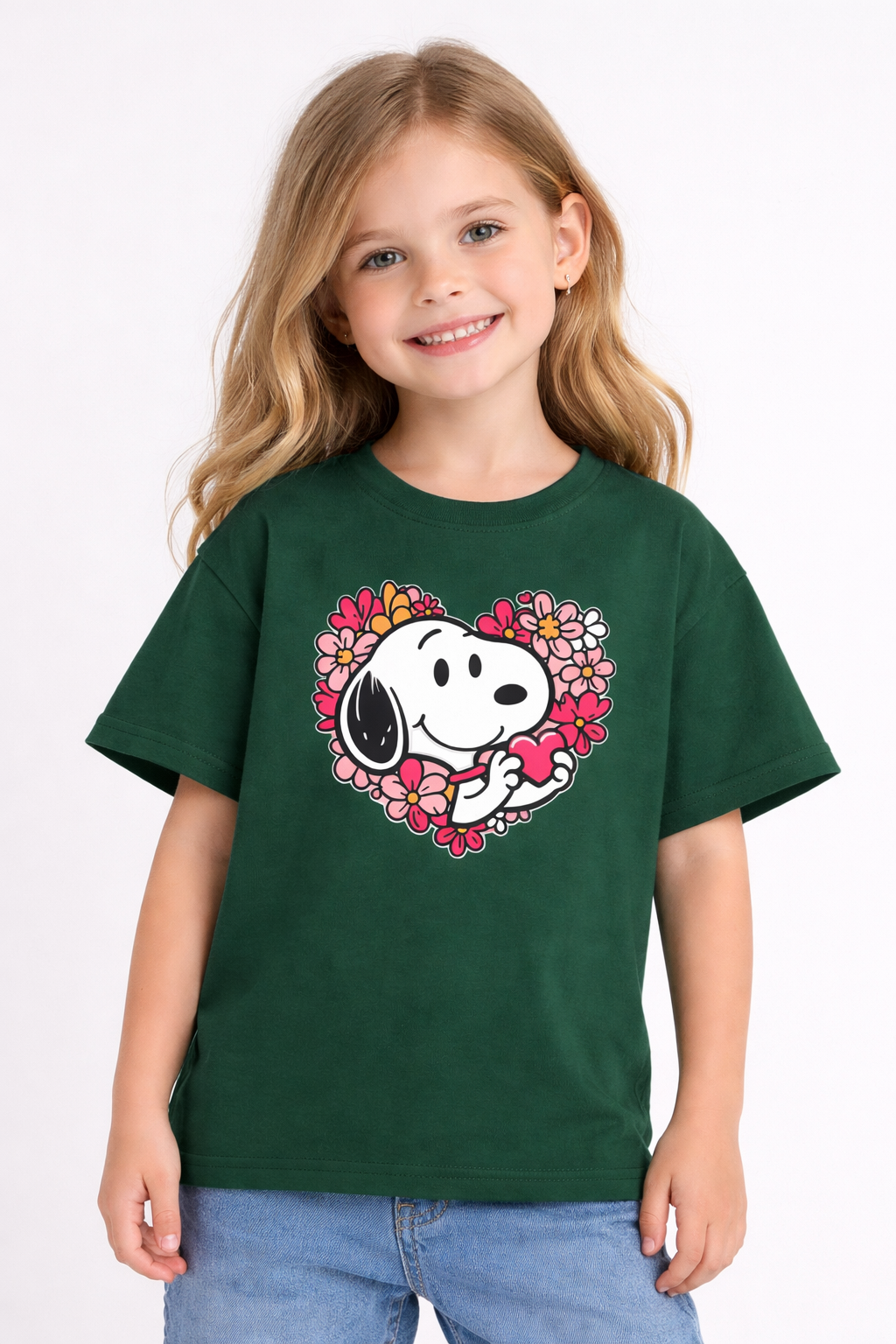 Girls Snoopy Heart Print Green Down Shoulder T-shirt