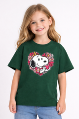 Girls Snoopy Heart Print Green Down Shoulder T-shirt