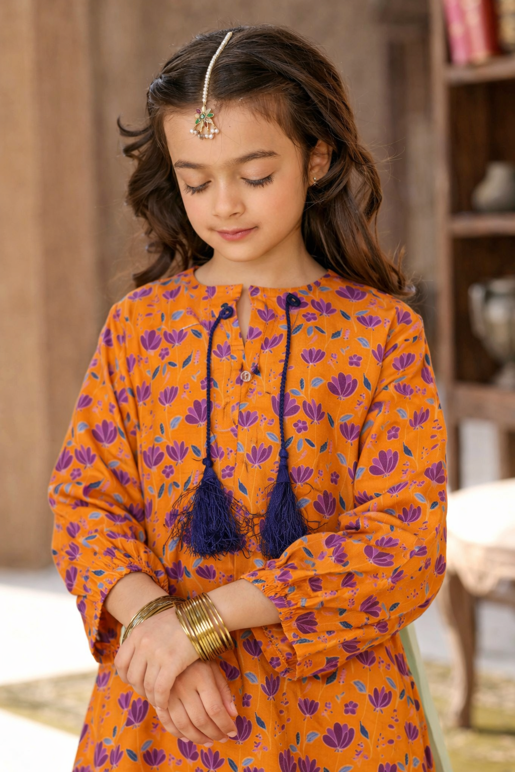 Girls Orange Floral Print shalwar kameez (Summer)
