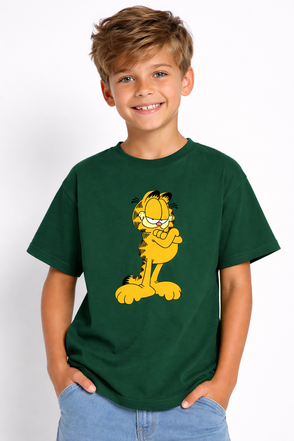 Boys Garfield Green Down Shoulder T-shirt
