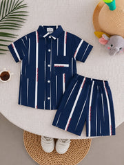 Boys Navy Blue Striped Printed Tracksuit (Summer)