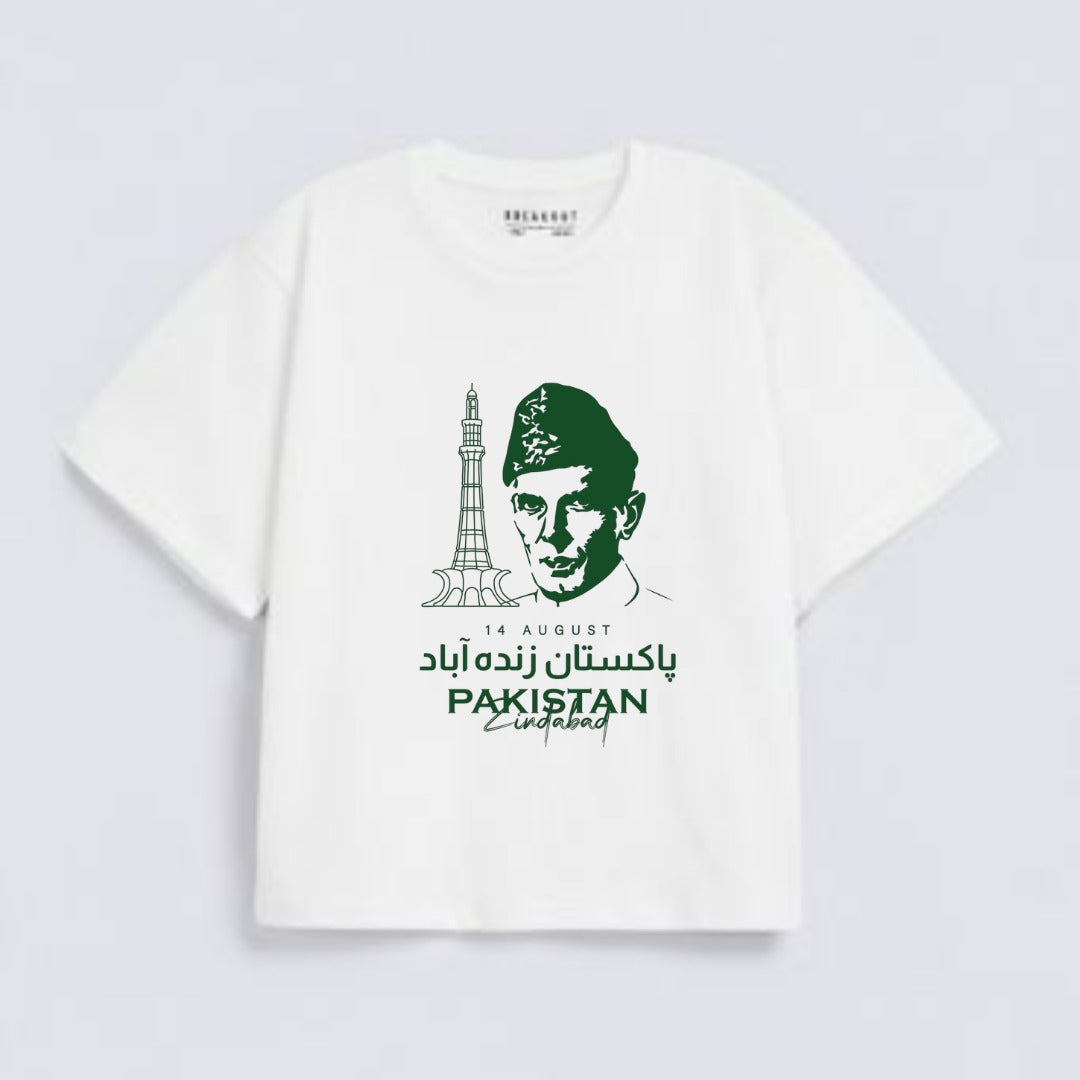 White Quaid-e-Azam Independence Day Print Downshoulder T-Shirt (AZADI)