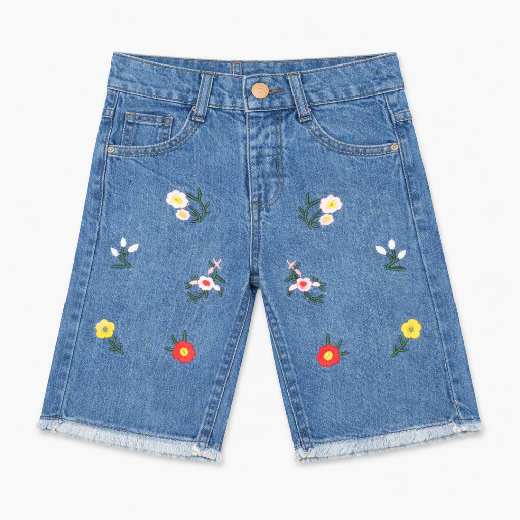 Girls Floral Embroidered Blue Denim Shorts