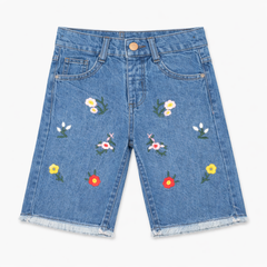 Girls Floral Embroidered Blue Denim Shorts