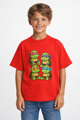 Boys Ninja Turtles Cartoon Print Red Down Shoulder T-shirt