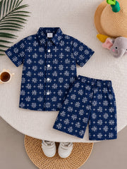 Boys Navy Blue Geometric Print Casual Tracksuit (Summer)