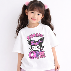 Girls Cartoon Kuromi Print White Down Shoulder T-shirt